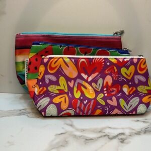 Clinique Cosmetic Bag Set 3pc Donald Robertson Fruit Heart Stripe Makeup Pouches